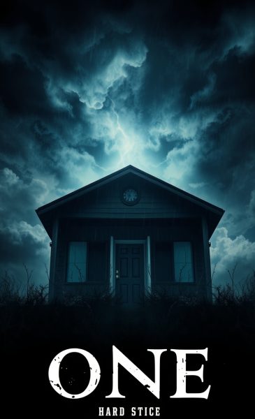 A poster for ONE movie example with an eerie creepy atmosphere, intense dramatic weather, stormy skies, high tension, dark tones, and unsettling details